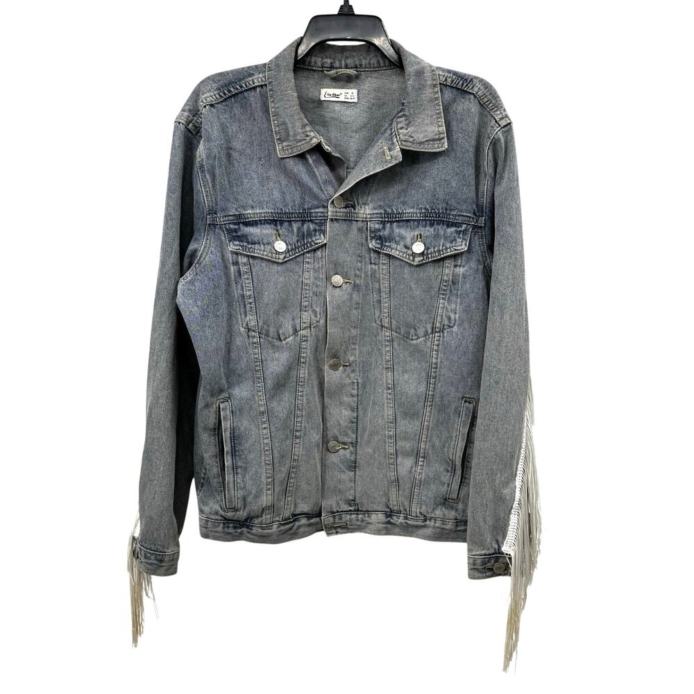 Elia Cher Size Medium 8–10 Denim Jeans Jacket White Fringe Trim Western Wear